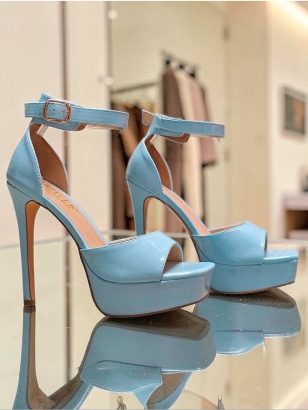Sky Blue High Heel Platform Sandals With Ankle Strap Buckle Closure For Women